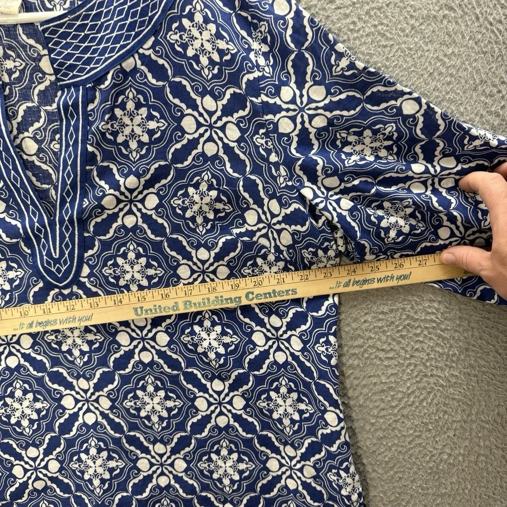 Tweeds Shirt‎ Womens 1X Blue White Geometric Embroidered Linen Blend Coastal